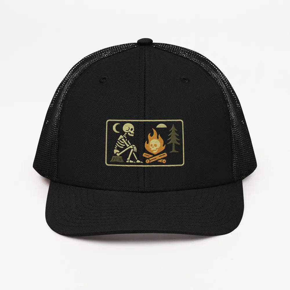 Black mesh back trucker cap with skeleton campfire embroidered patch and campfire rectangle patch