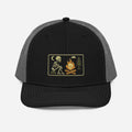 Black grey mesh trucker hat with skeleton campfire embroidered patch