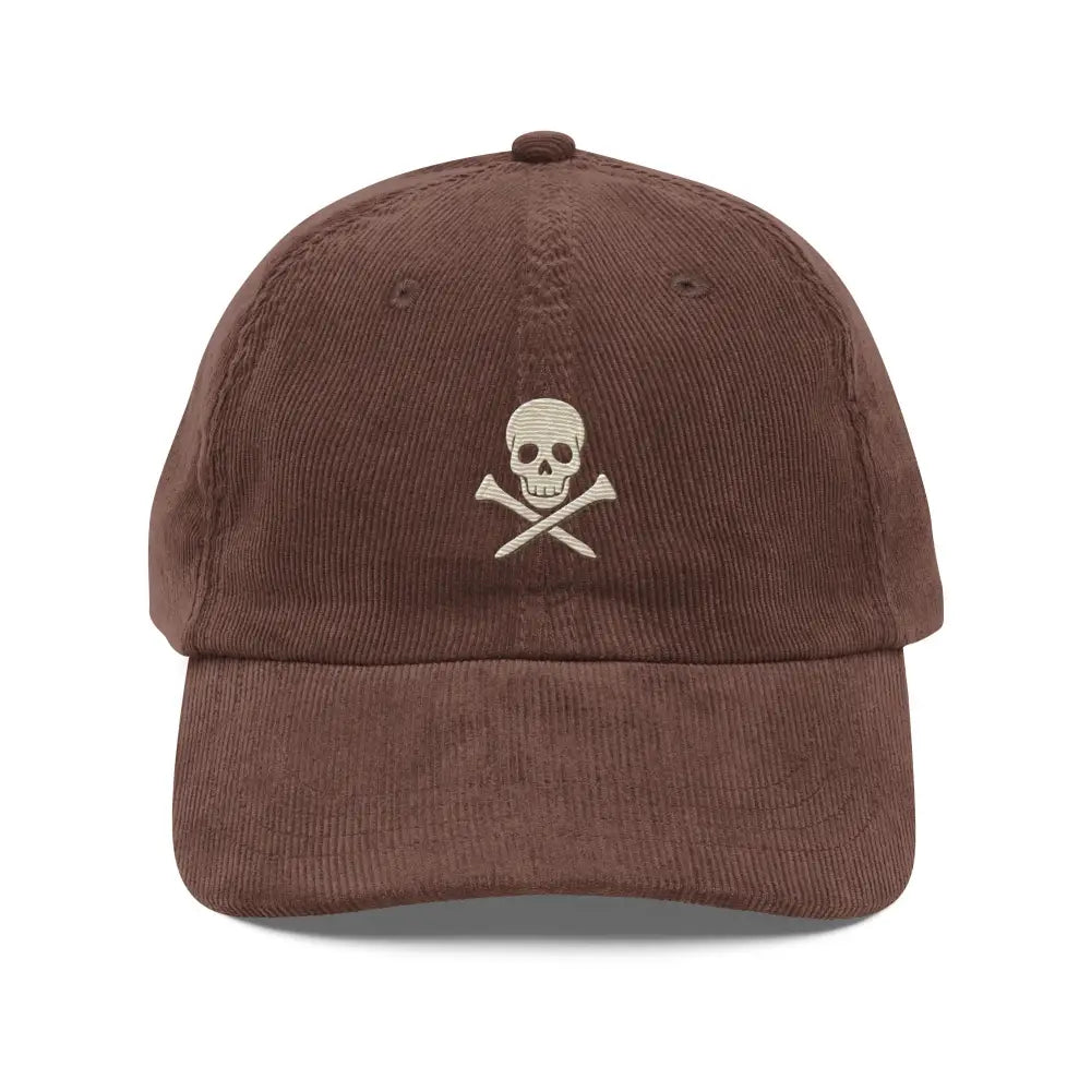 Trini Skies embroidered corduroy dad hat with skull and crossbones