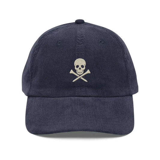 Navy blue corduroy dad hat blends Trini Skies embroidered skull and crossed golf tees