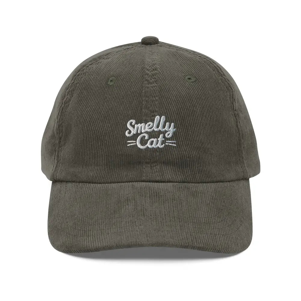 Dark green smelly cat embroidered vintage corduroy cap by Trini Skies