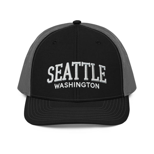 Embroidered Seattle Washington Trucker Cap – Adjustable Mid-Profile Hat Richardson 112 - Black / Charcoal - Hats 1