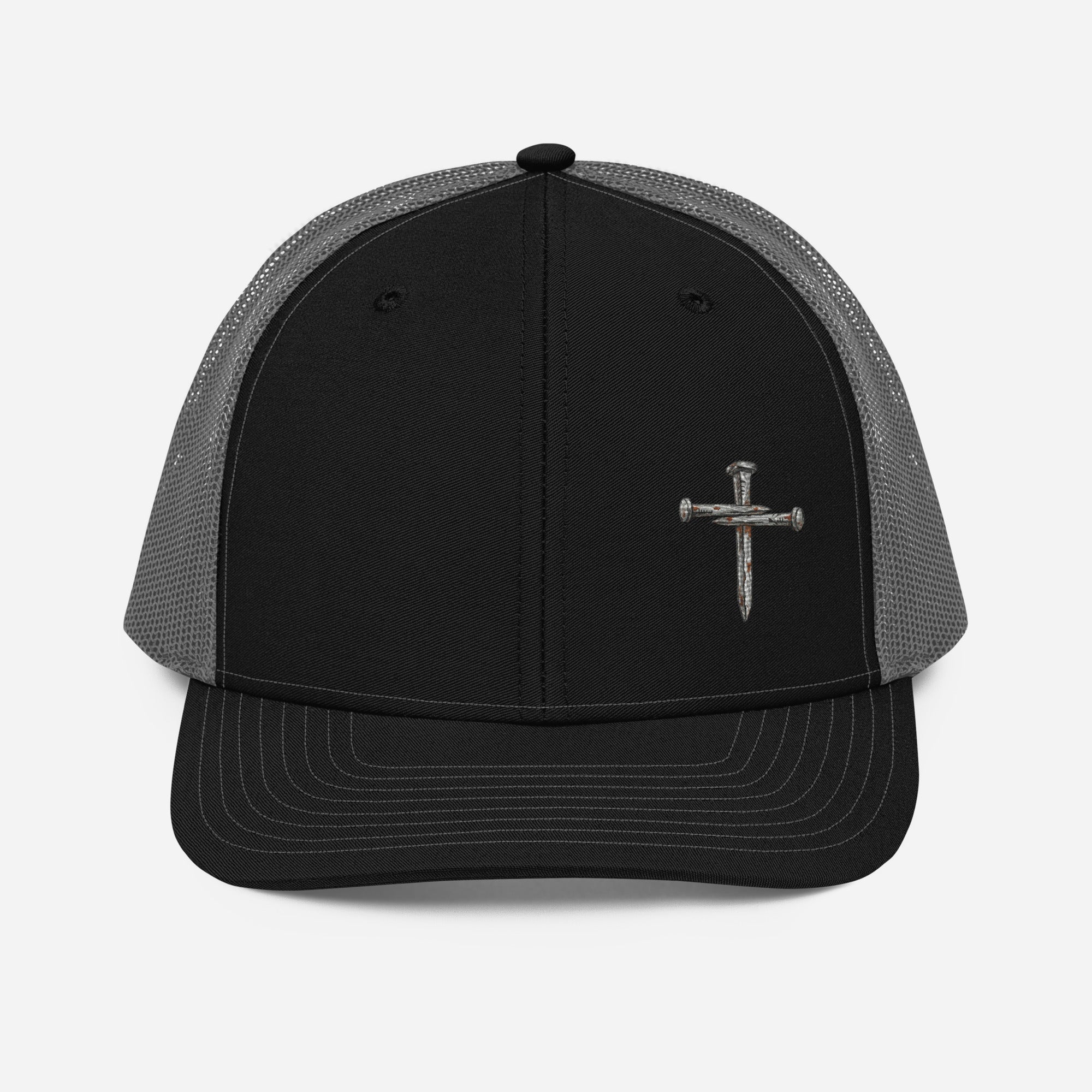 Black and gray nail cross trucker hat with Christian faith embroidery, Richardson 112