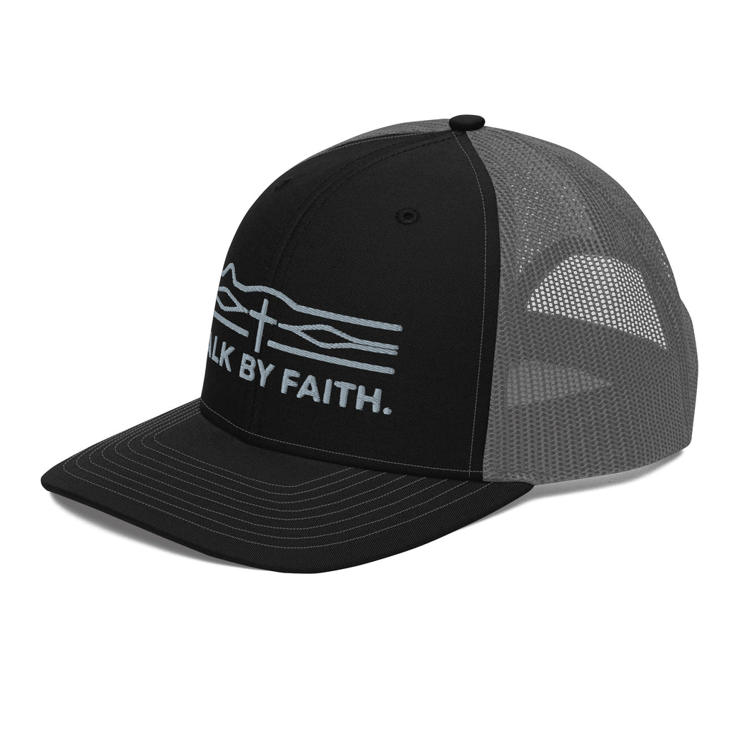 Black and gray Walk By Faith trucker hat with cross over waves