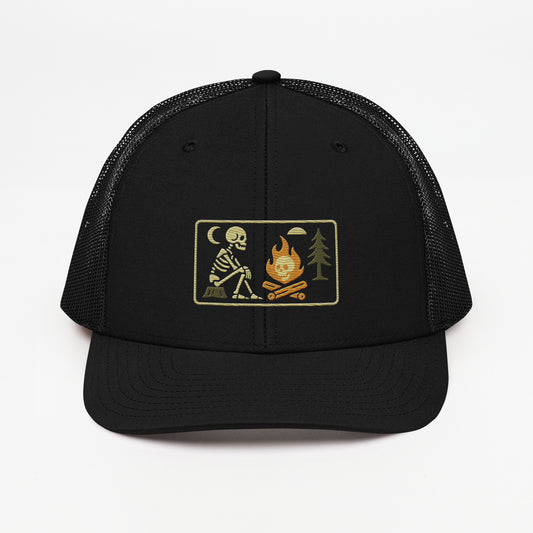 Skeleton Campfire Rectangle Patch Hat – Richardson 112 Trucker Halloween Heritage Cap - Black - 1