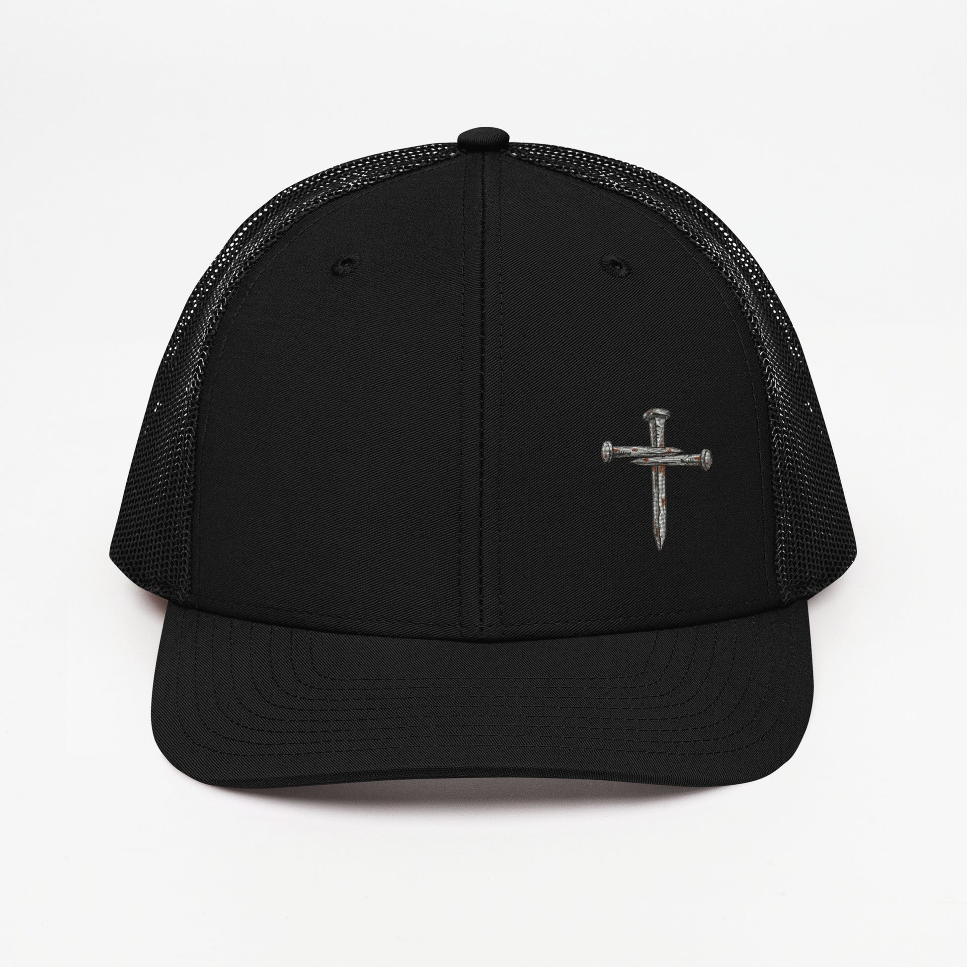 Black nail cross trucker hat, Richardson 112 Christian faith gift