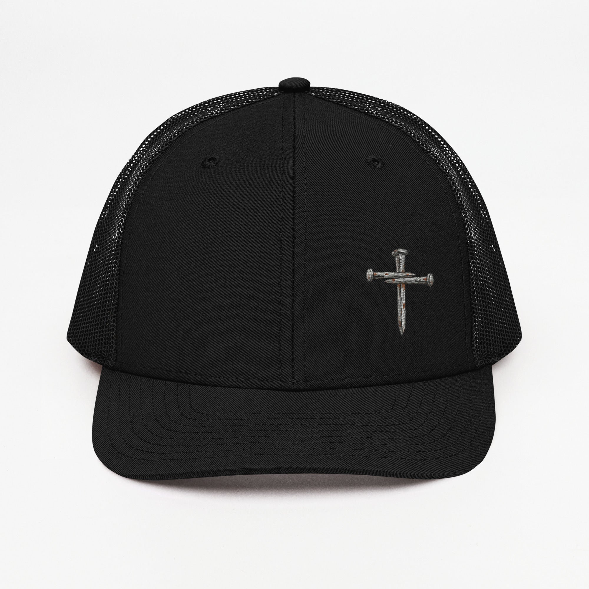 Black nail cross trucker hat, Richardson 112 Christian faith gift