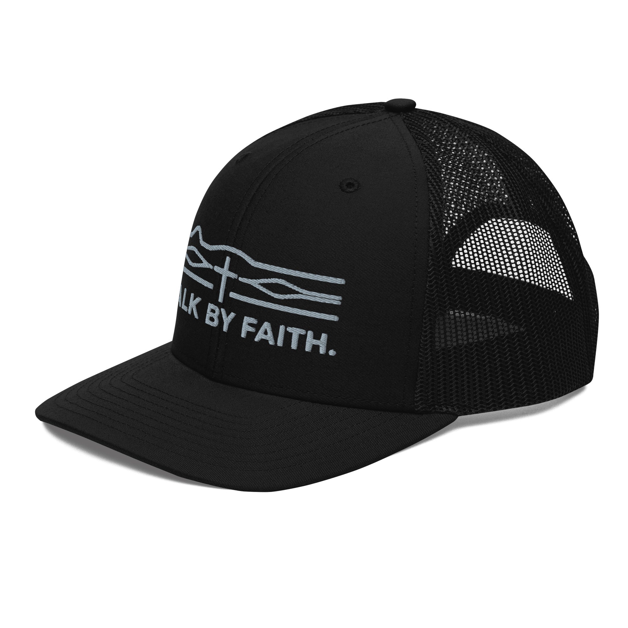 Black mesh trucker hat with white cross and faith text design