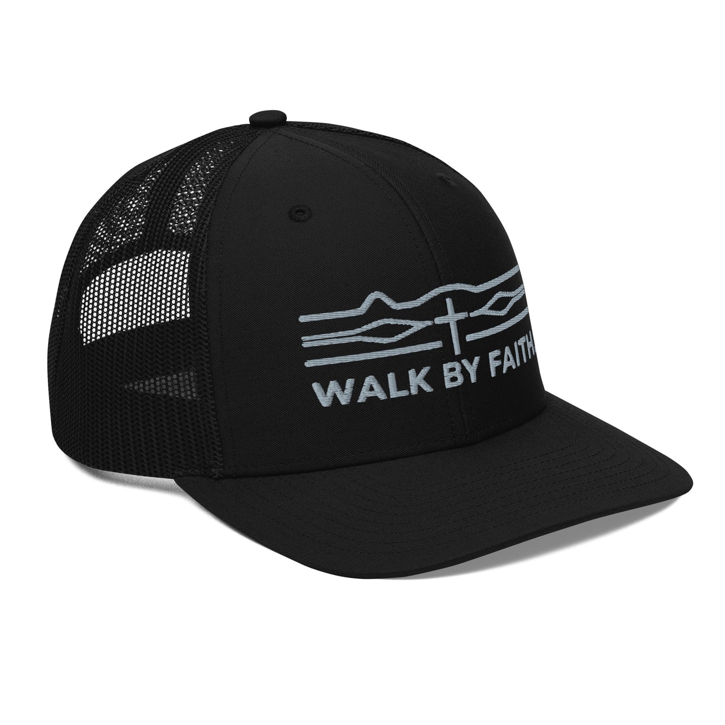 Black mesh trucker hat with Walk By Faith cross embroidery