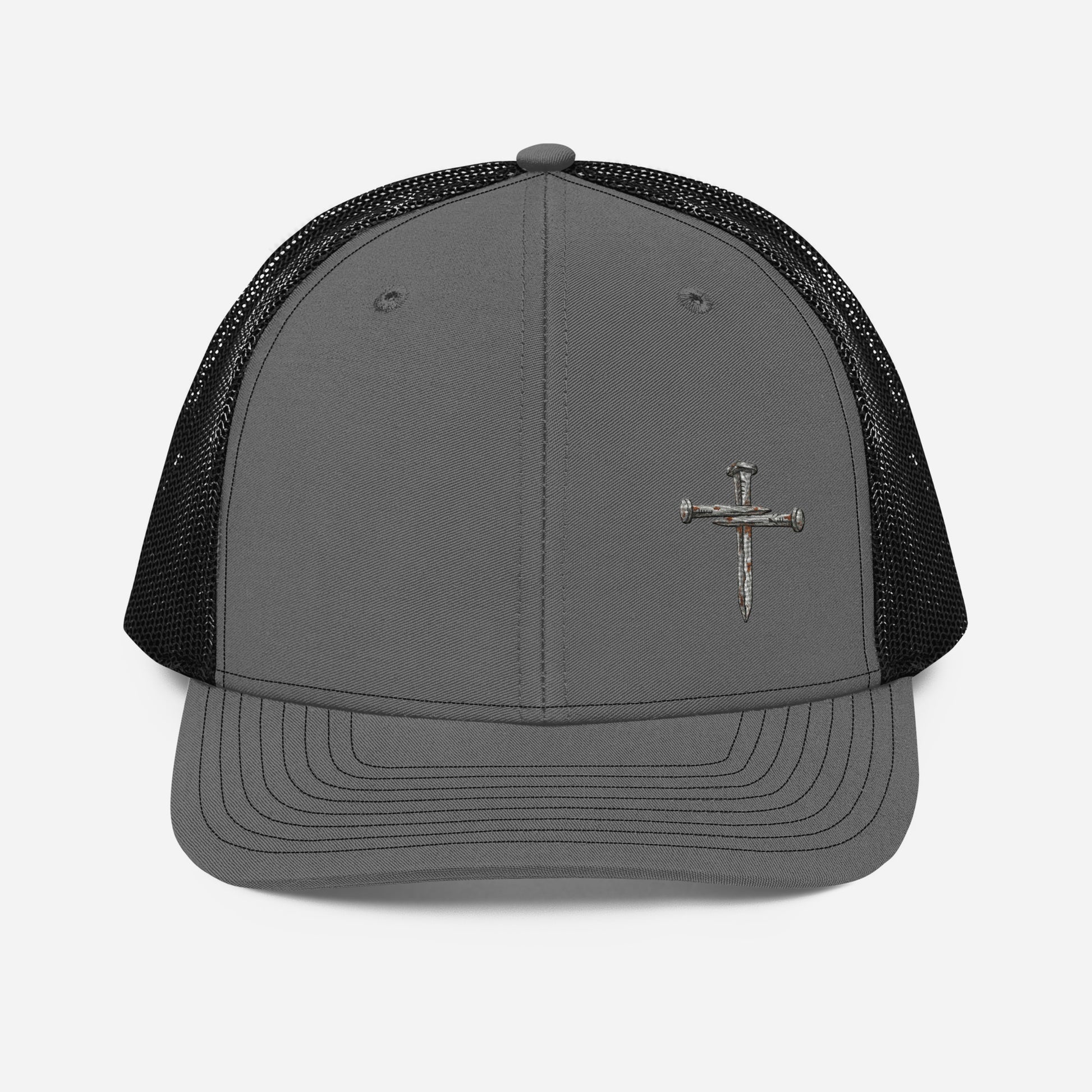 Charcoal gray Richardson 112 nail cross trucker hat for Christian faith