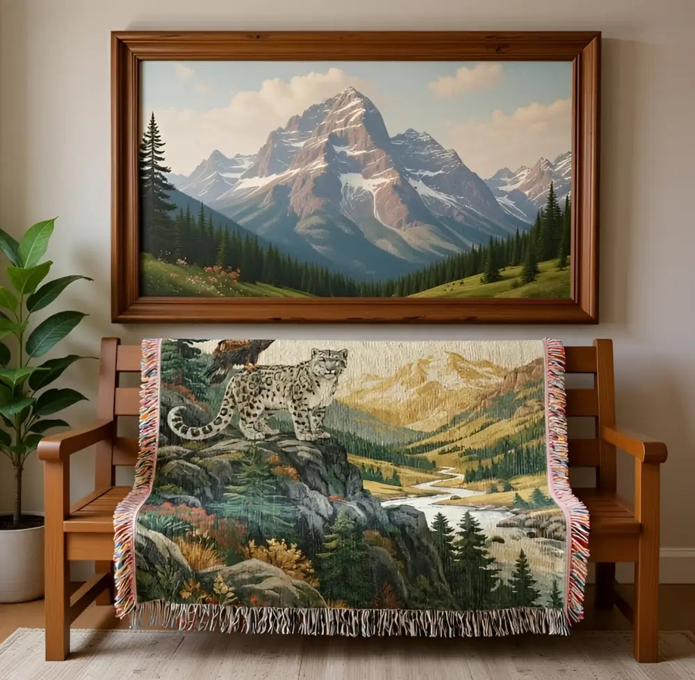 Woven cotton blanket with snow leopard on rocky alpine terrain