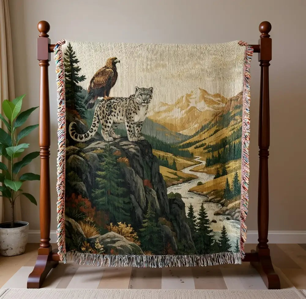 Snow leopard throw: woven cotton blanket with eagle on cliffside mountains