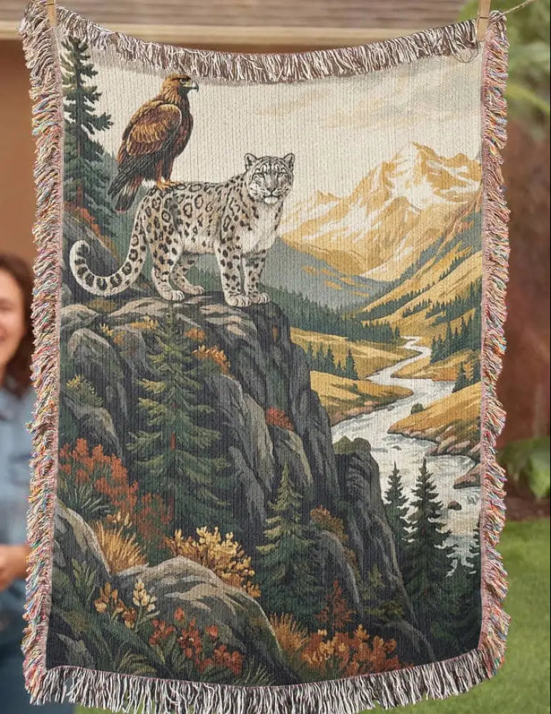 Snow leopard and golden eagle woven cotton blanket alpine wildlife throw