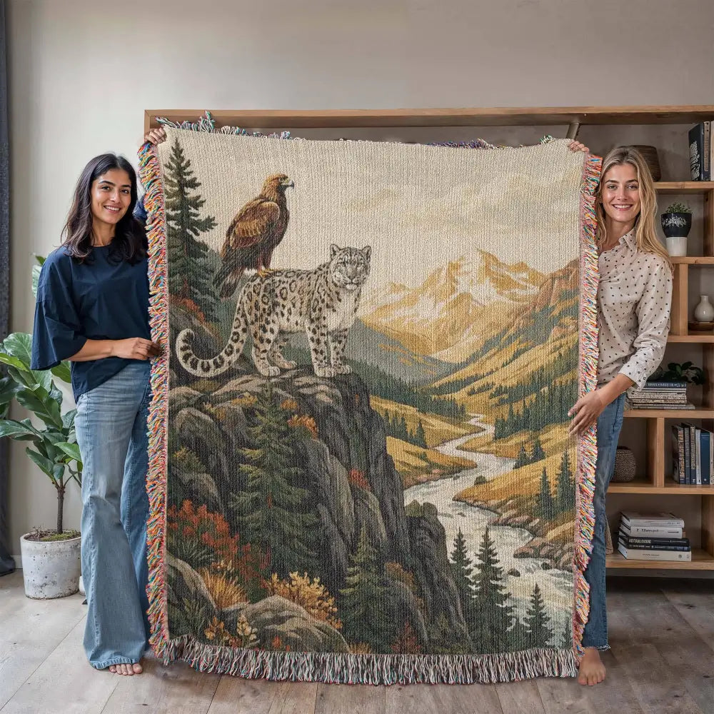 Beige woven cotton blanket with snow leopard and eagle on cliffs over mountain valley