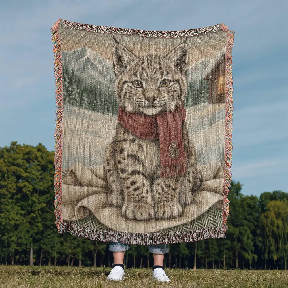 Vintage lynx winter chalet woven blanket with snowy mountain art