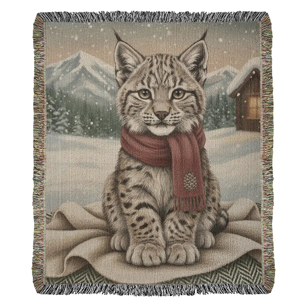 Snowy lynx kitten in maroon scarf on vintage woodland animal art blanket