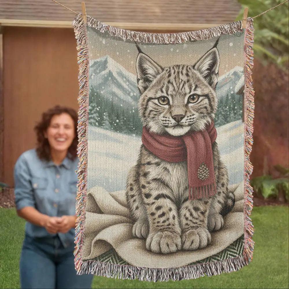 Lynx kitten in maroon scarf on snowy lynx chalet woven blanket