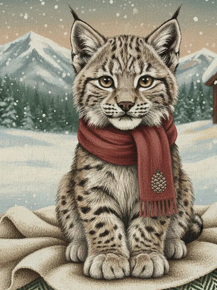 Fluffy spotted lynx kitten in red scarf on snowy lynx chalet blanket