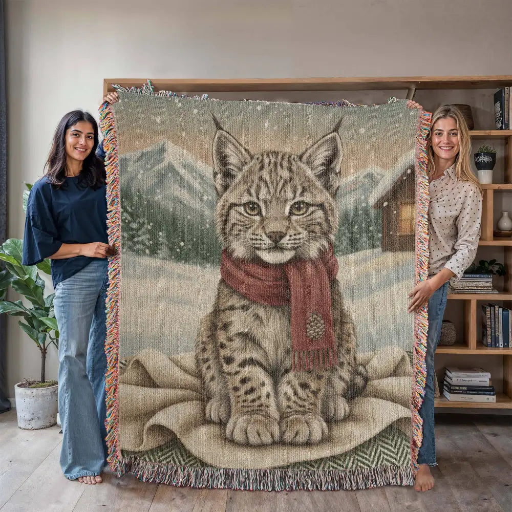 Cozy lynx winter chalet blanket with vintage woodland animal art on snowy backdrop