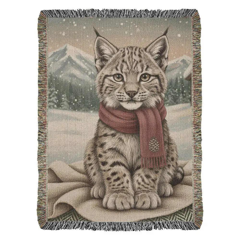 Vintage woodland lynx kitten in snowy lynx chalet blanket art