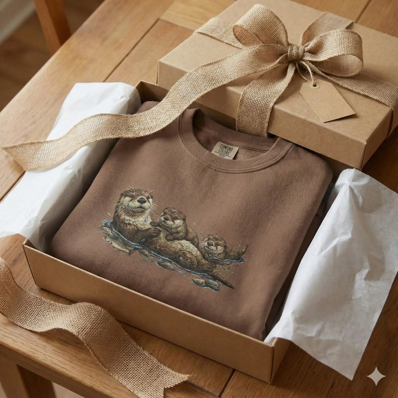 A soft brown cotton sweatshirt featuring a detailed illustration of three otters floating together on water.