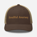Trini Skies Soulful Journey embroidered trucker cap in brown and tan mesh