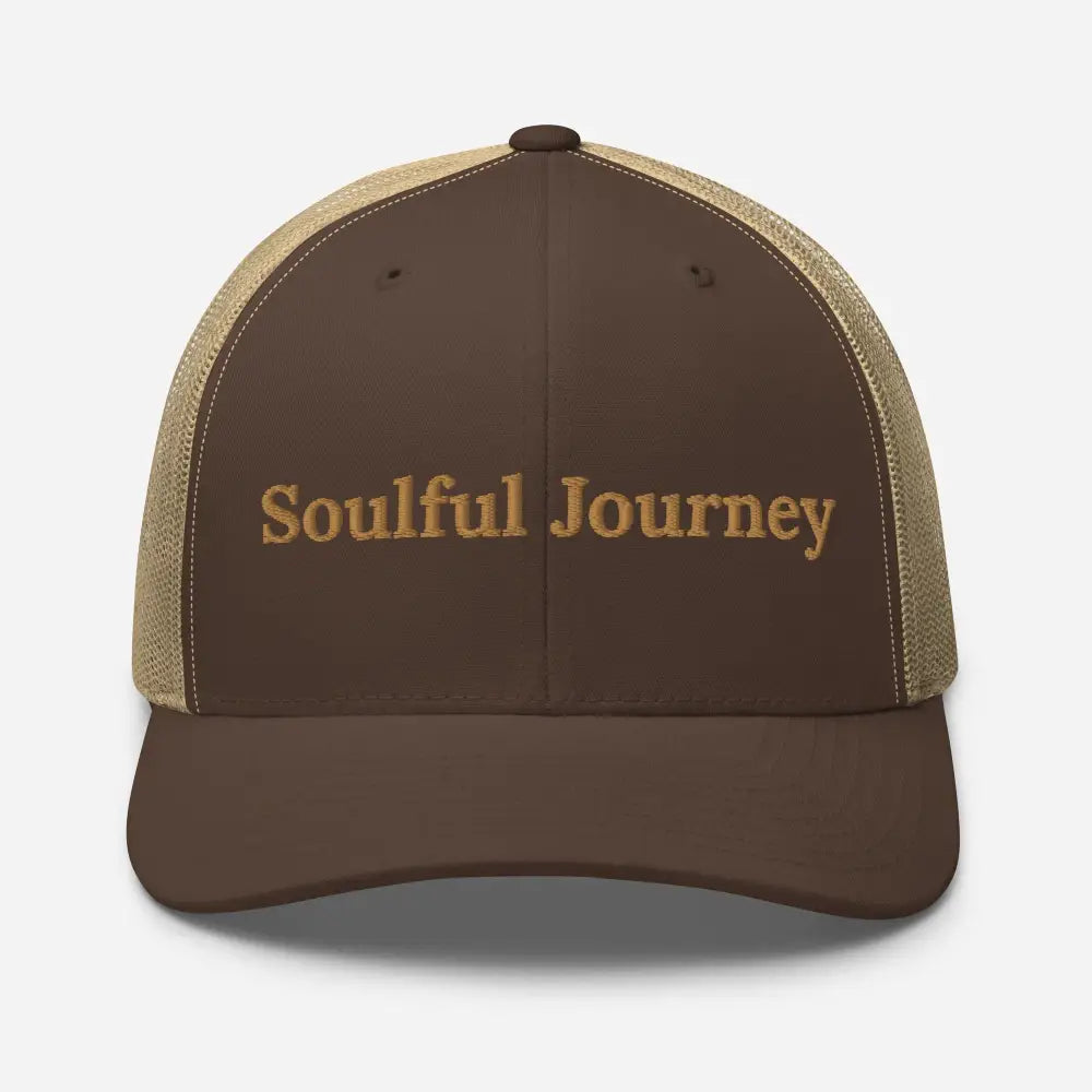 Brown and tan mesh back trucker hat with soulful journey embroidered design by Trini Skies