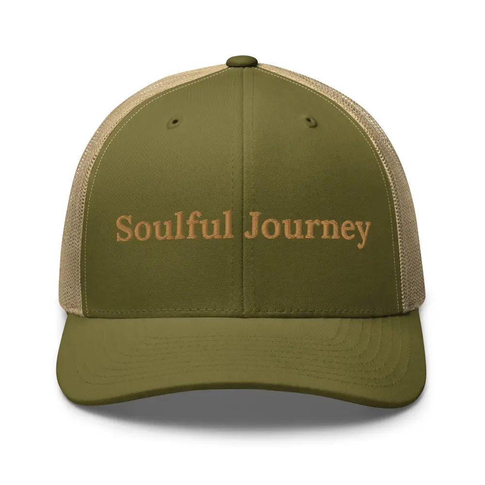 Olive green Trini Skies soulful journey embroidered trucker cap with tan mesh