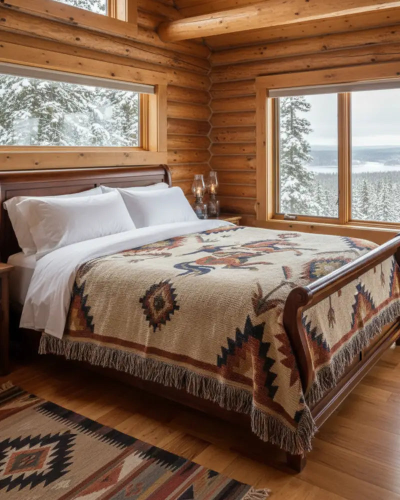 Southwest rodeo woven throw in cream with tribal patterns