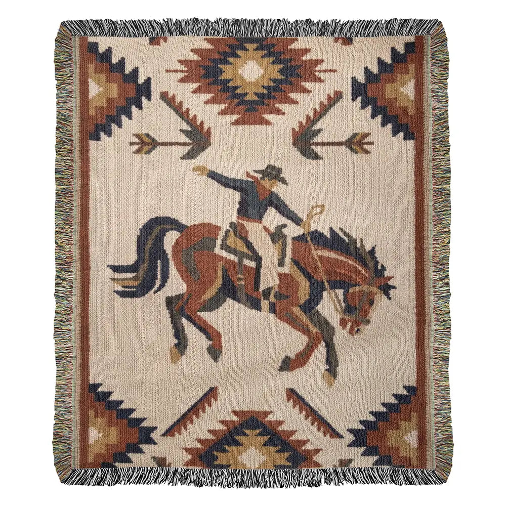 Southwest rodeo cowboy on woven western heritage blanket with fringe
