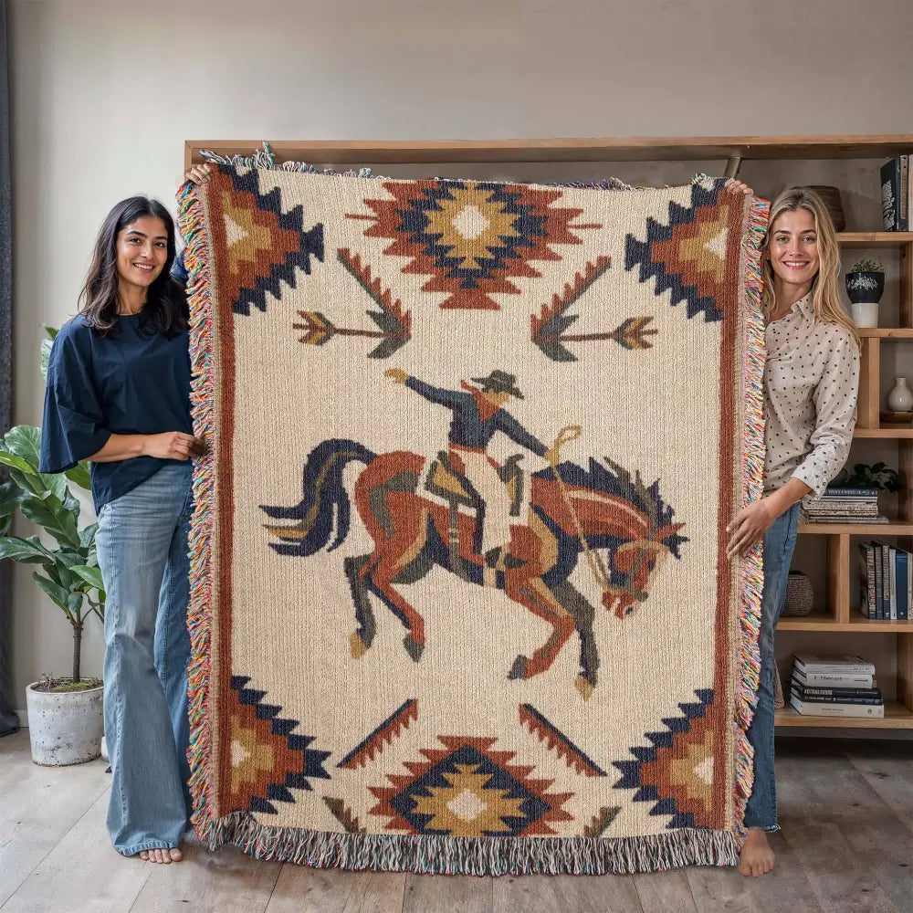 Southwest rodeo rider woven throw in beige with cowboy design