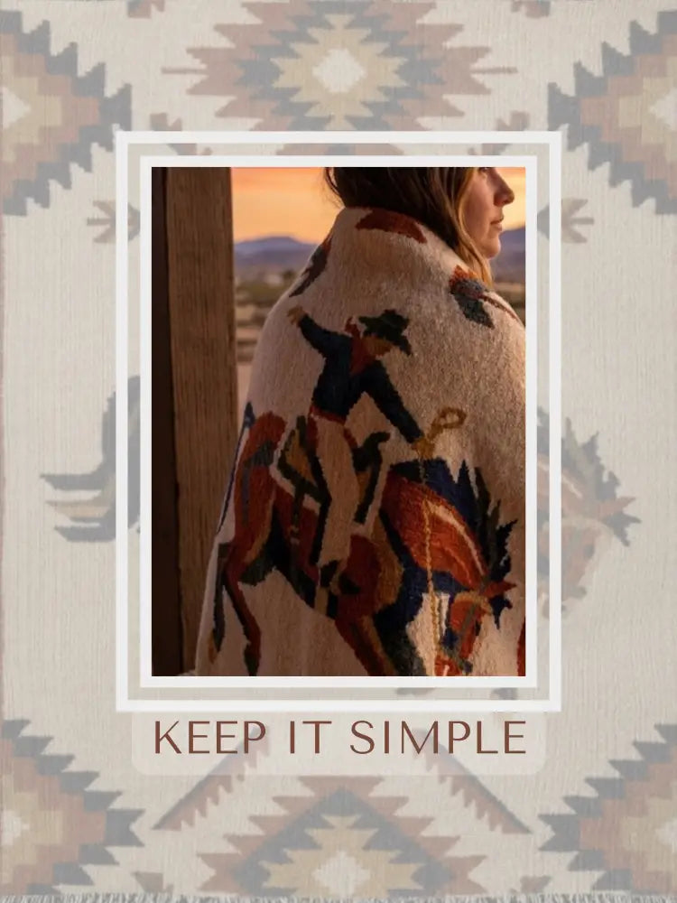 Southwest rodeo rider on woven western heritage blanket in cream wool