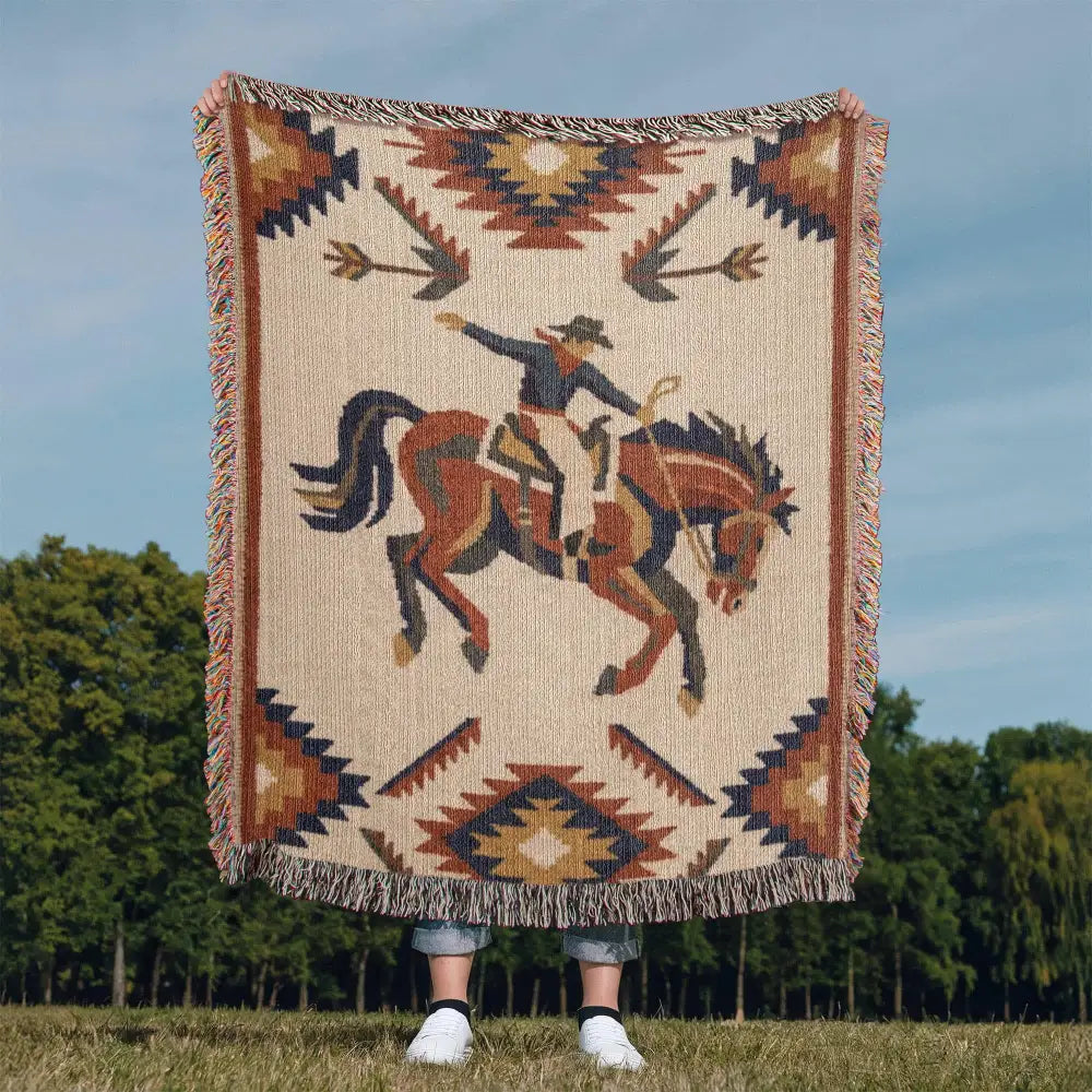 Southwest rodeo rider on woven heritage blanket with fringed edges