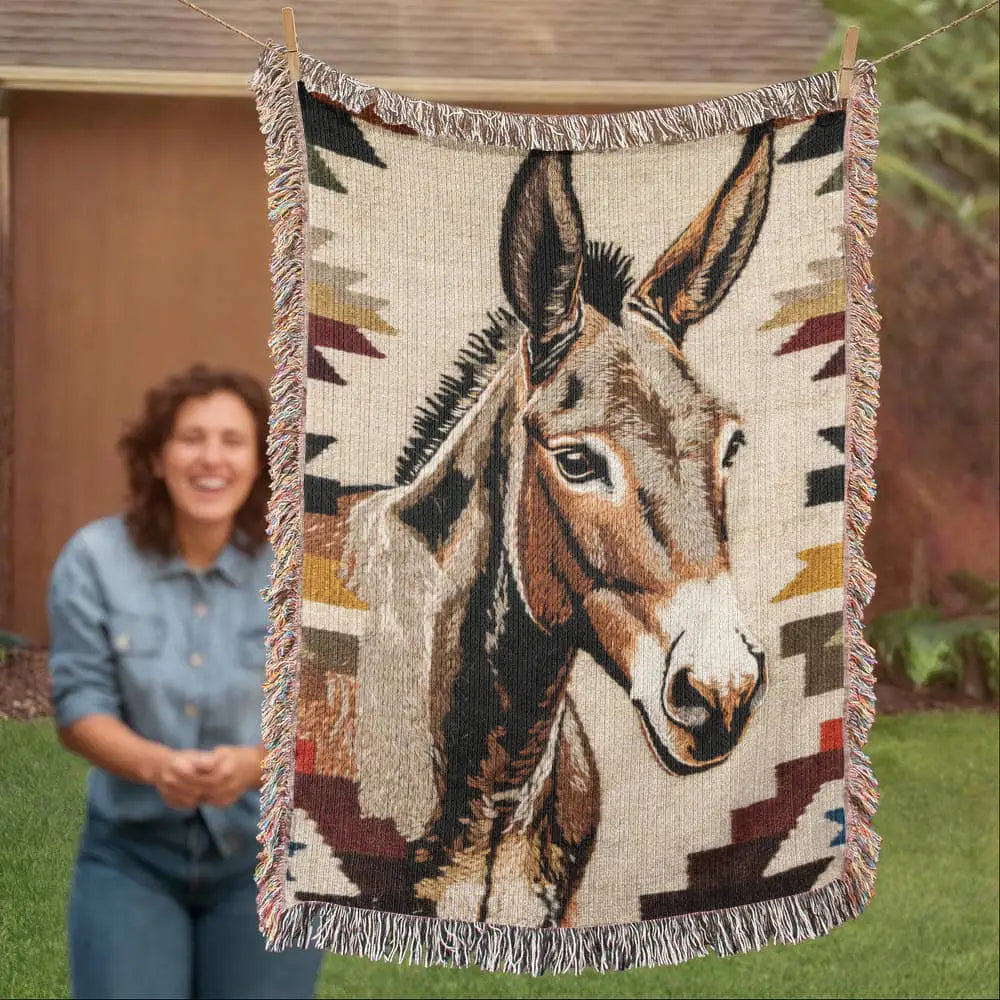 Southwestern donkey woven blanket with rustic desert animal tapestry portrait