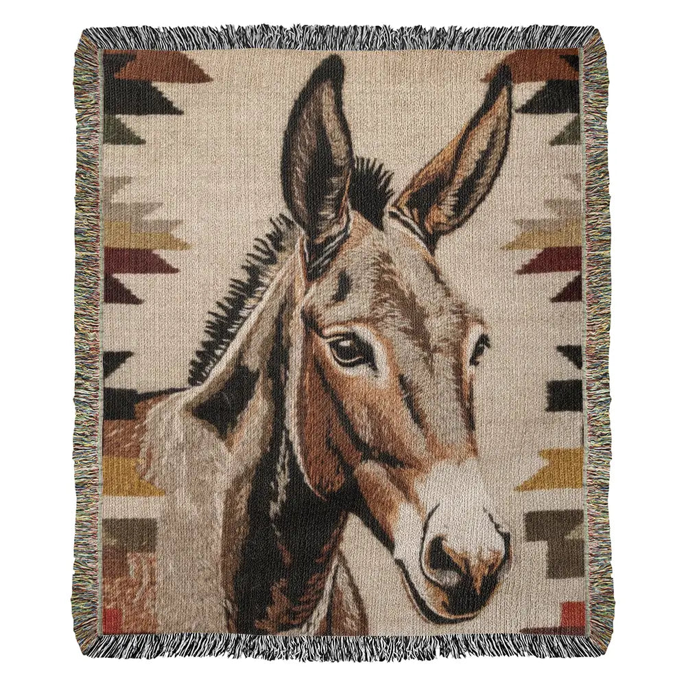 Southwestern donkey woven blanket with rustic desert animal tapestry portrait