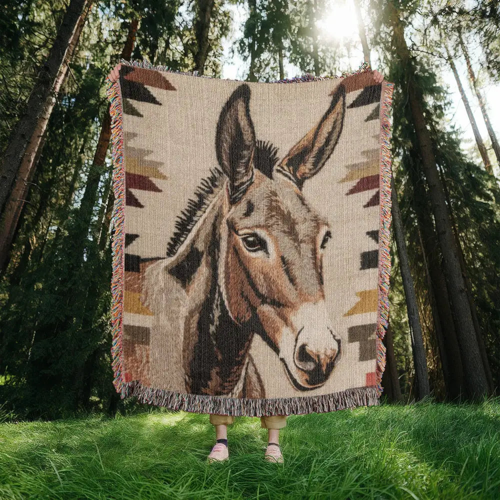Southwestern donkey woven blanket with rustic desert animal tapestry portrait