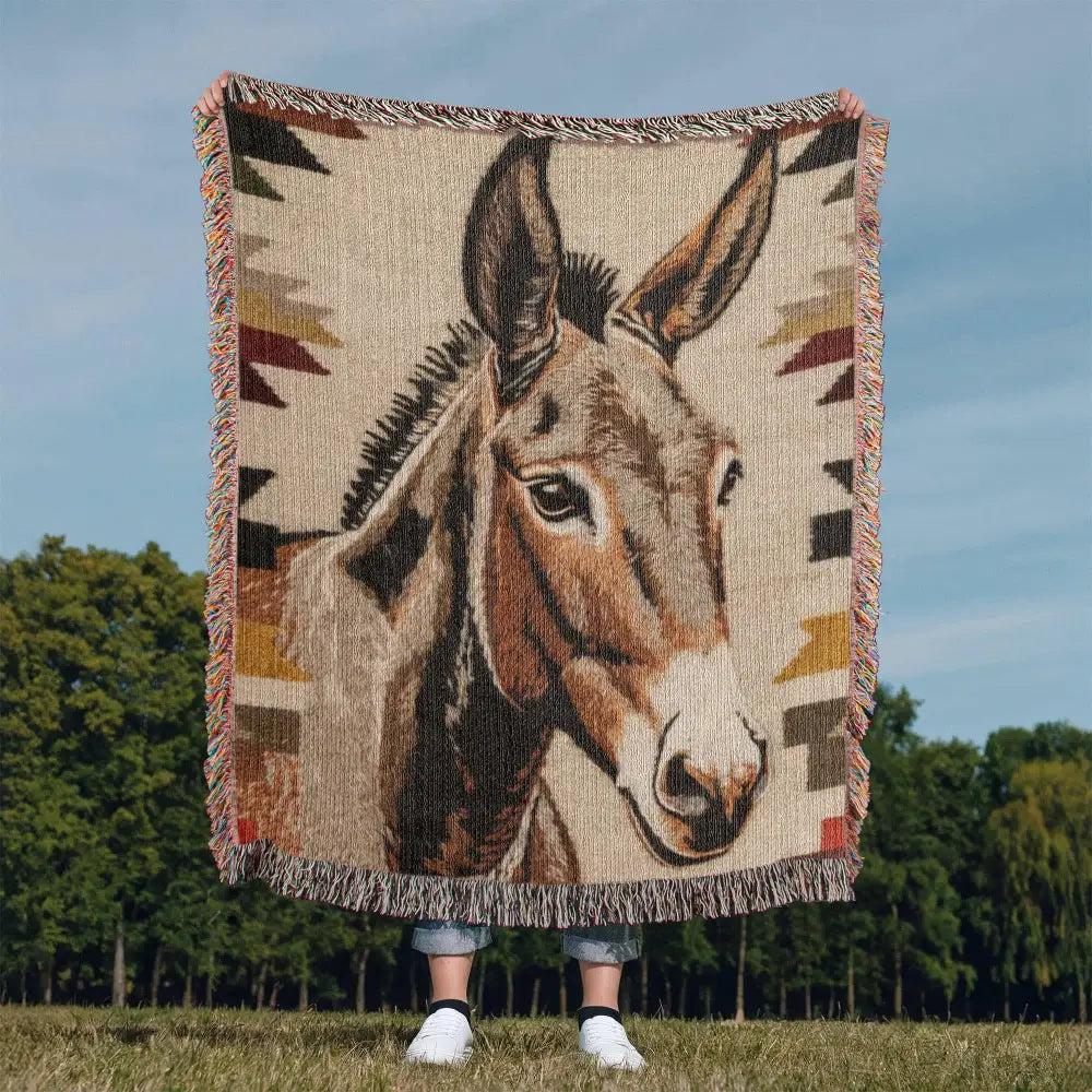 Southwestern donkey woven blanket with rustic desert animal tapestry portrait