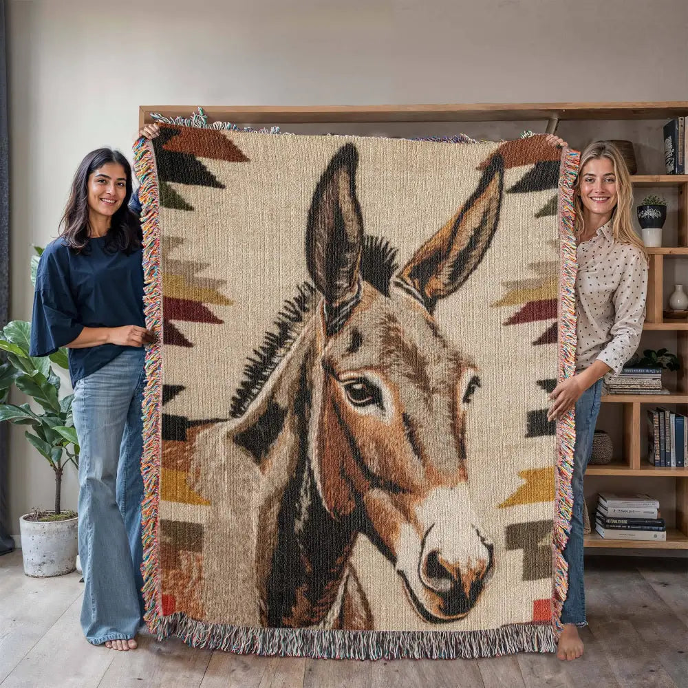Southwestern donkey woven blanket with rustic desert animal tapestry portrait