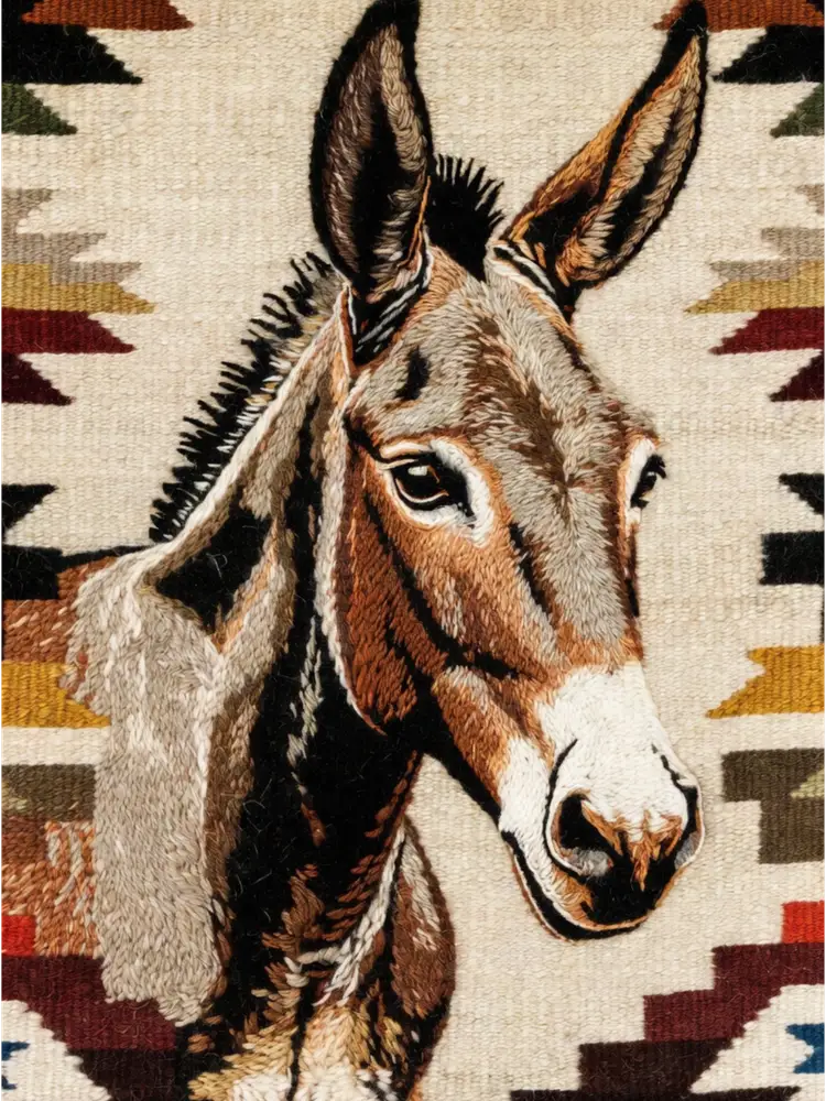 Southwestern donkey woven blanket with embroidered rustic desert animal tapestry