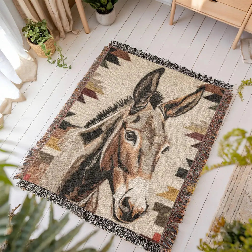 Southwestern donkey woven blanket with rustic desert animal tapestry design