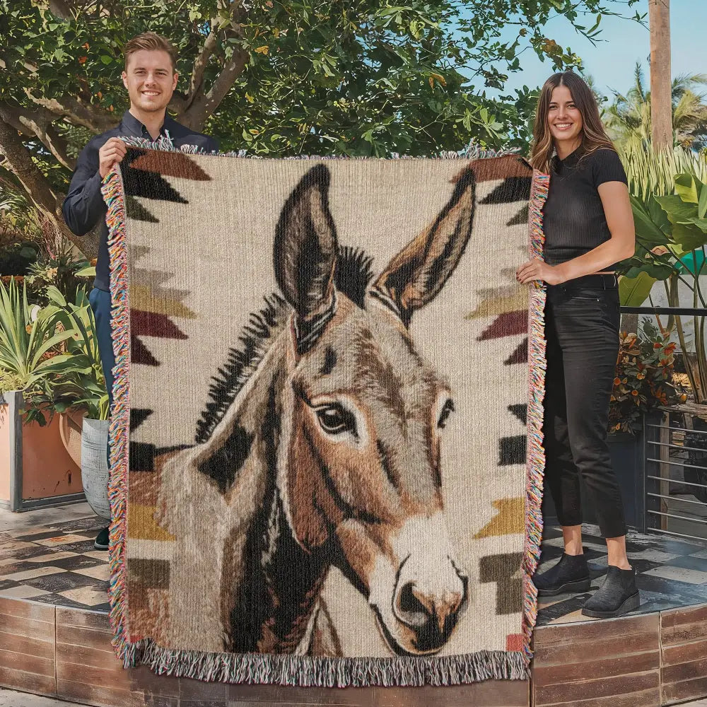 Southwestern donkey woven blanket with rustic desert animal tapestry portrait
