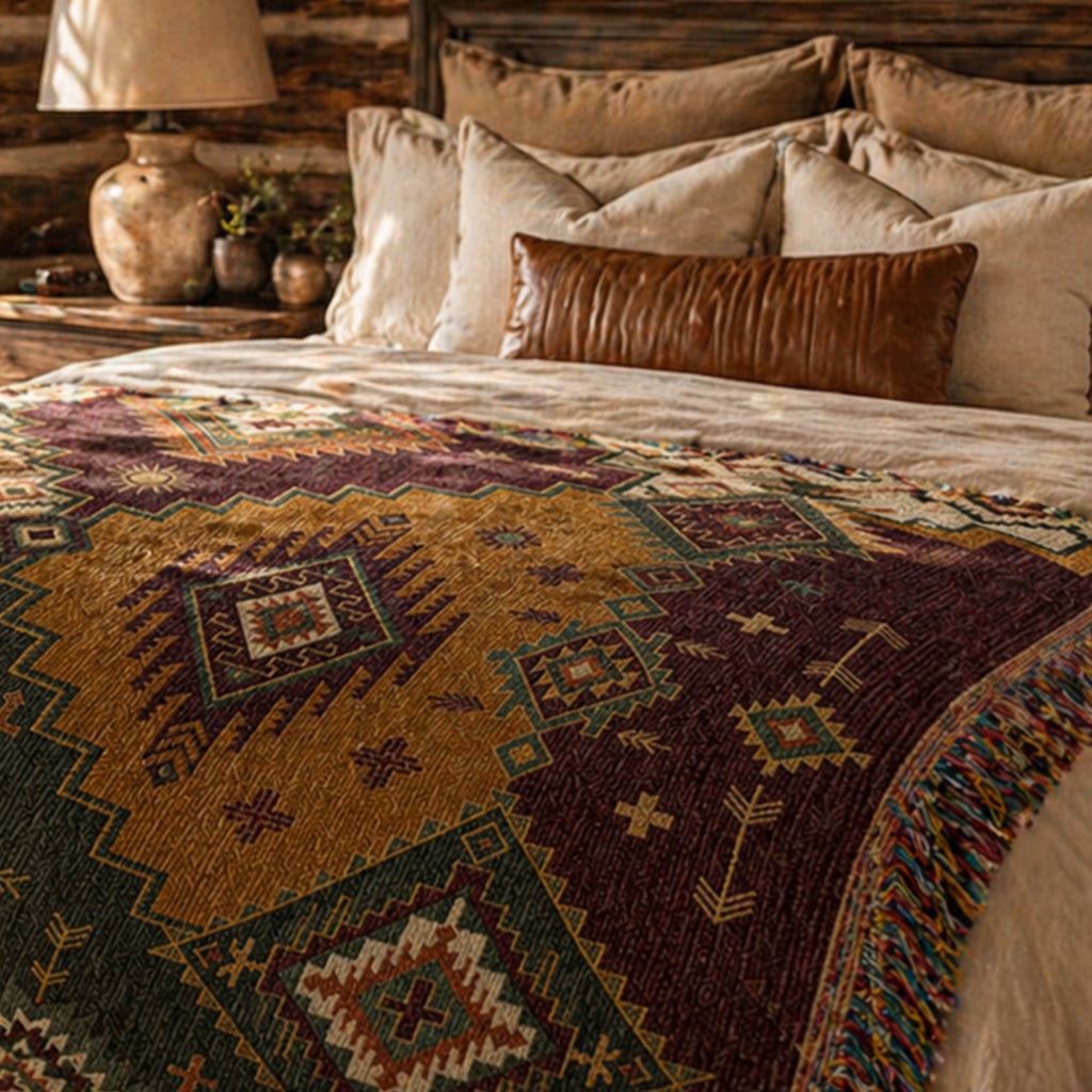 Canyon Patchwork throw draped over a cabin bed — southwestern kilim woven blanket in mustard and rust earth tones