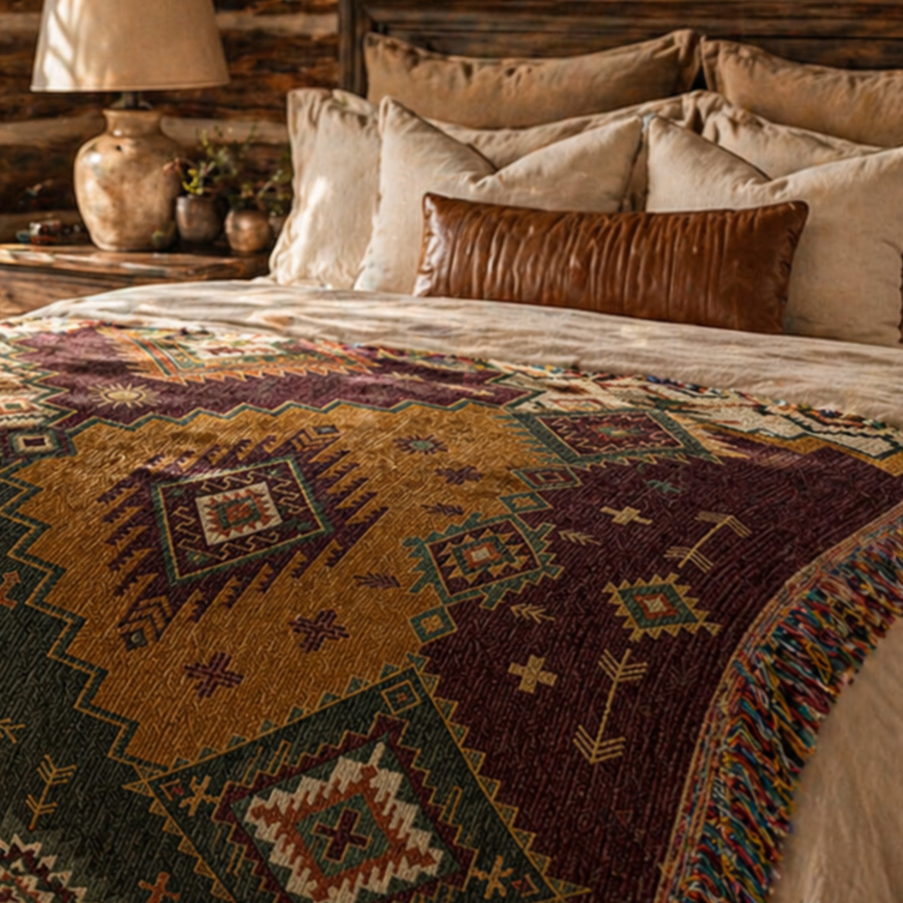 Canyon Patchwork throw draped over a cabin bed — southwestern kilim woven blanket in mustard and rust earth tones