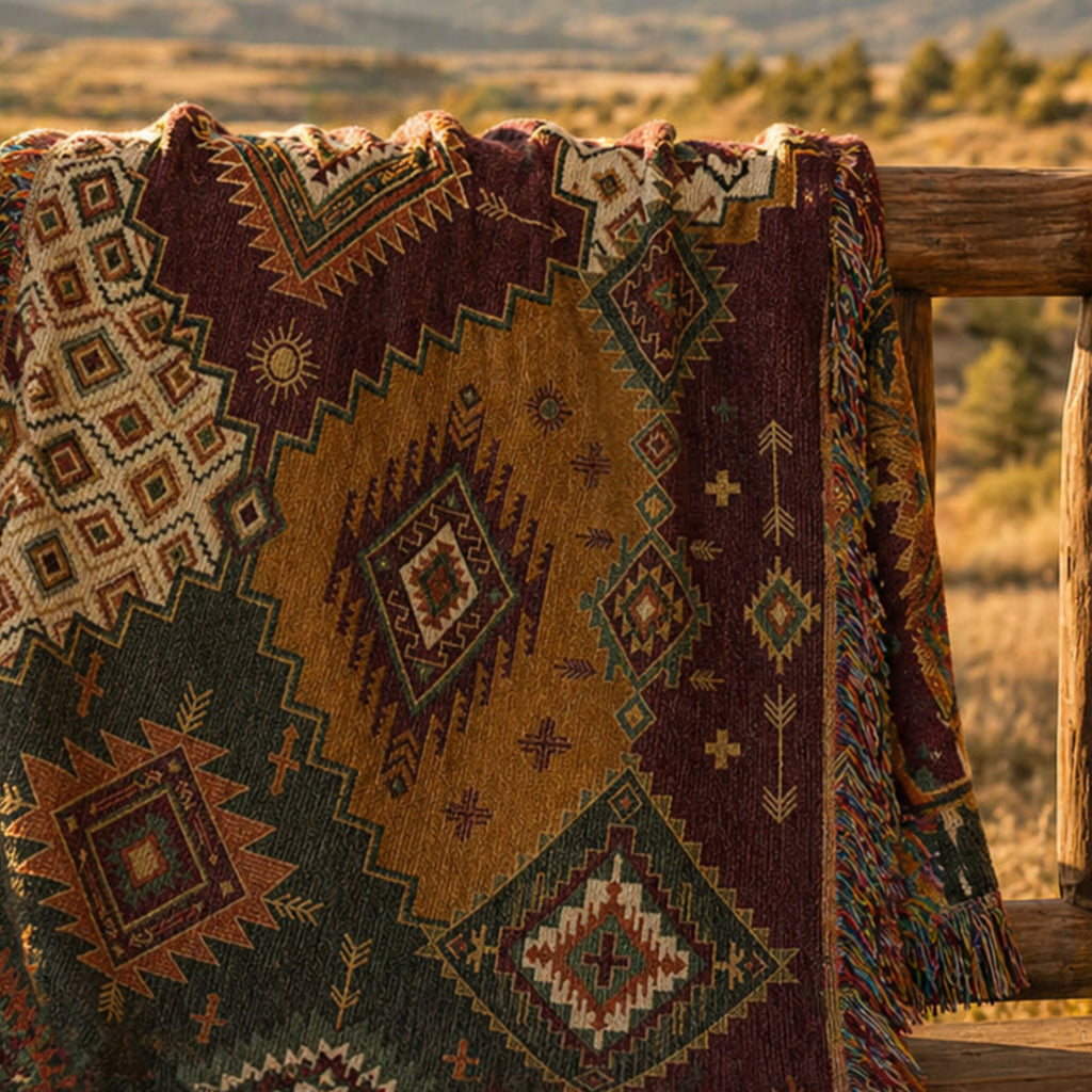 Canyon Patchwork woven throw hanging over a canyon rim — southwestern kilim geometric blanket in mustard, rust, and olive
