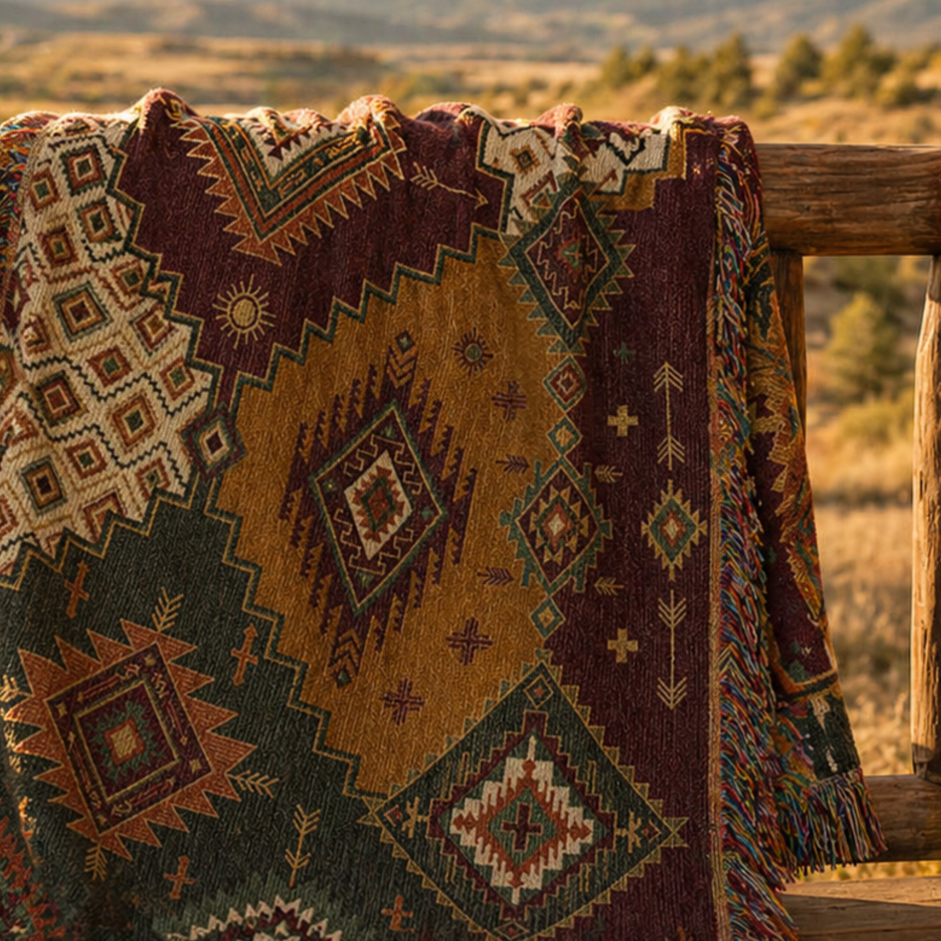 Canyon Patchwork woven throw hanging over a canyon rim — southwestern kilim geometric blanket in mustard, rust, and olive