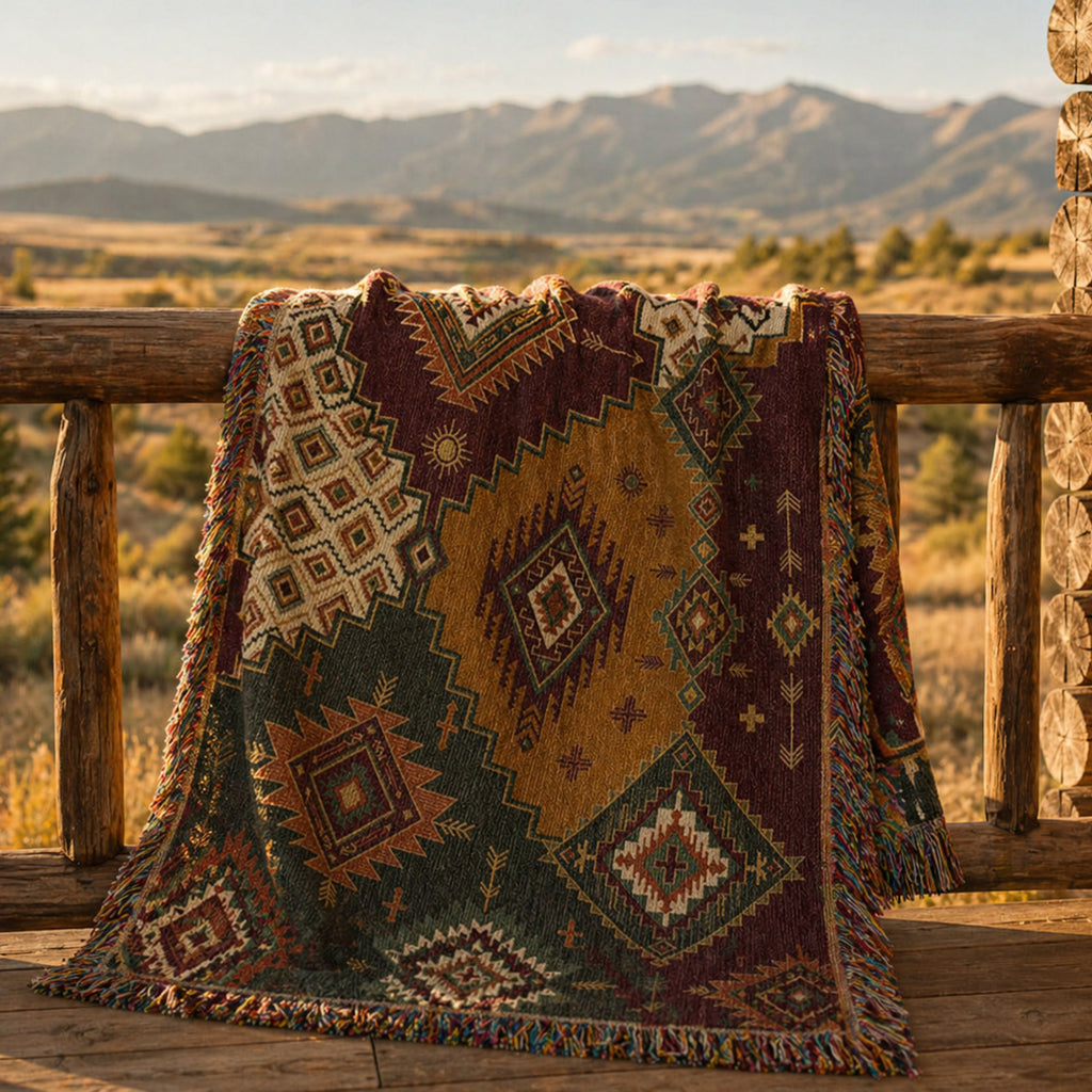 Canyon Patchwork kilim throw hanging on a wooden post — jacquard woven southwestern blanket showing full geometric pattern