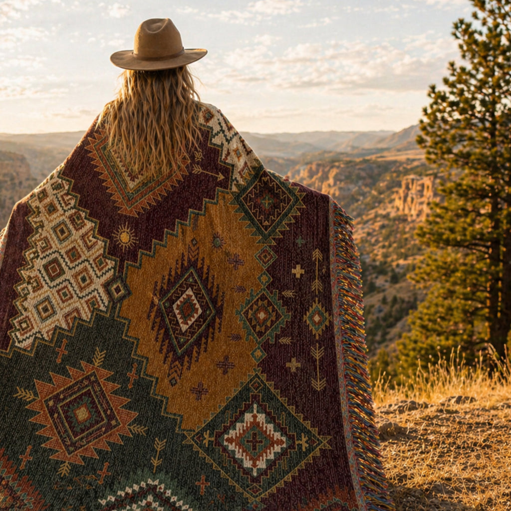 Woman wrapped in Canyon Patchwork woven throw on a mountain overlook — southwestern cotton blanket in natural outdoor setting