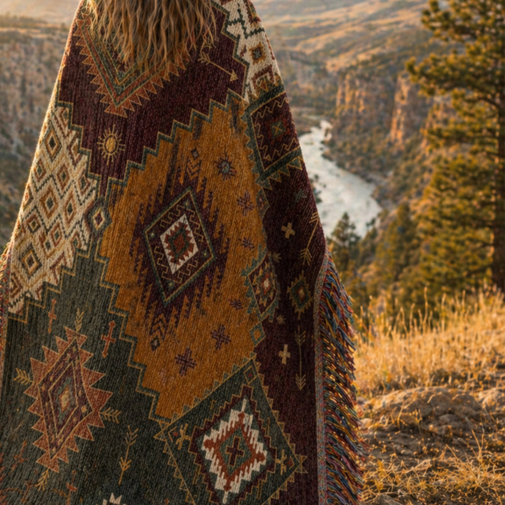 Canyon Patchwork kilim throw draped over a woman overlooking the river  — full geometric pattern view of jacquard woven 100% cotton southwestern blanket