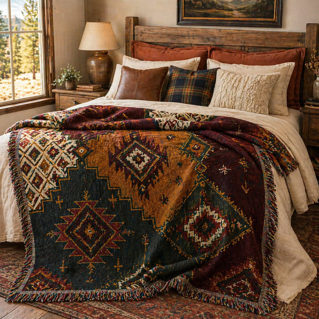 Canyon Patchwork kilim throw draped over a bed in a southwestern lodge bedroom — jacquard woven cotton blanket in mustard, rust, and olive with reclaimed wood and mountain views