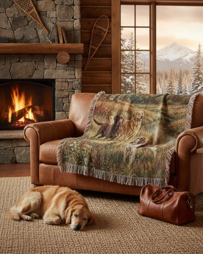 Brown leather sofa with Sporting Dogs at the Creek fieldwork blanket